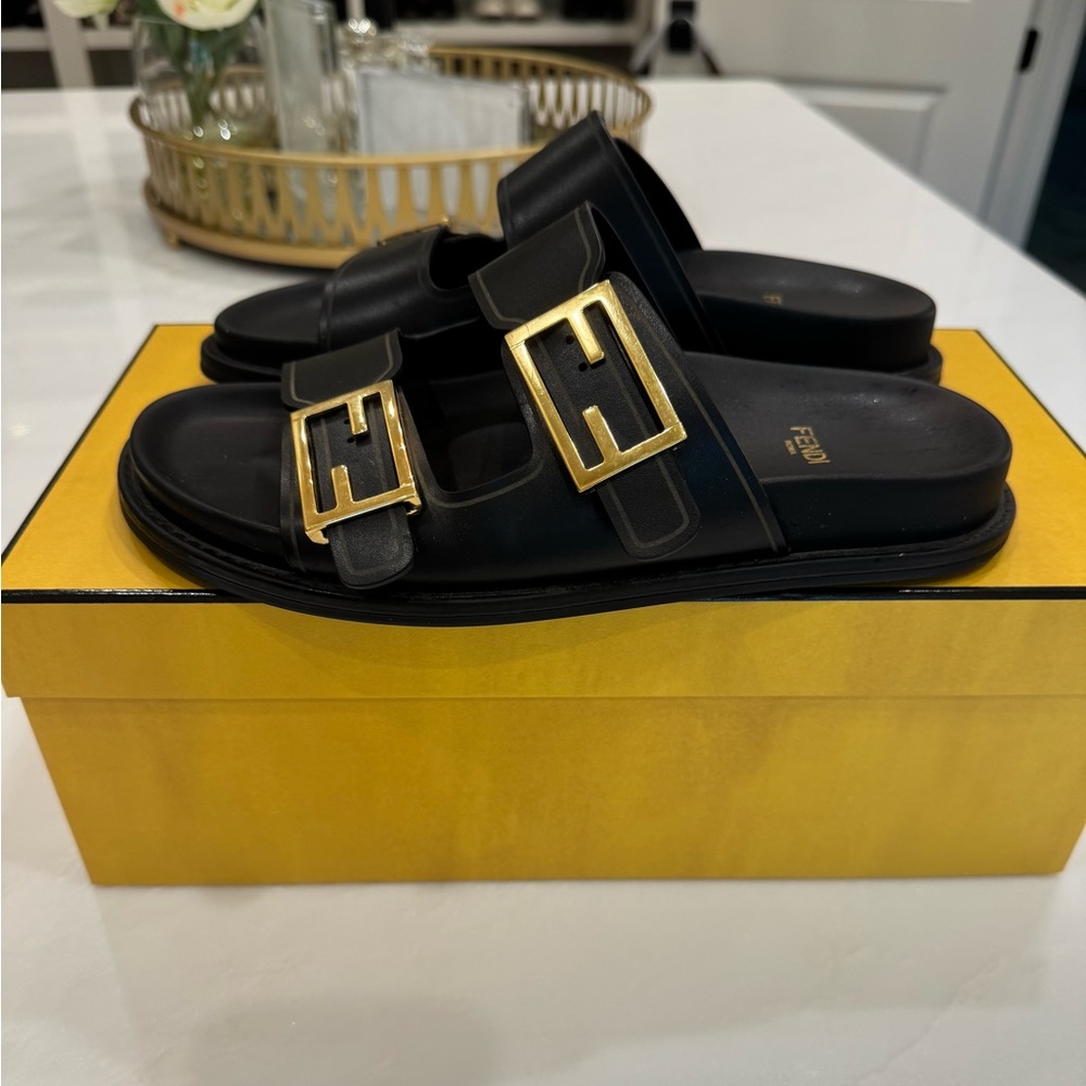 Fendi Black Nappa Leather Slides with Gold Accents. Size 38.5